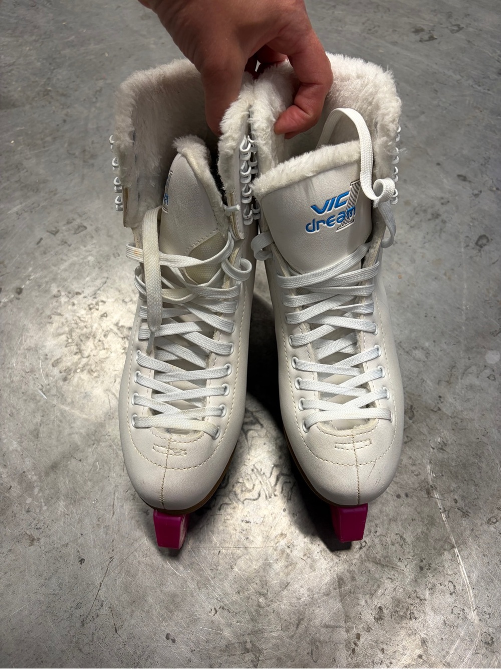 JVIC Dream Women's White Winter Figure Skates with Pink Toe Stops